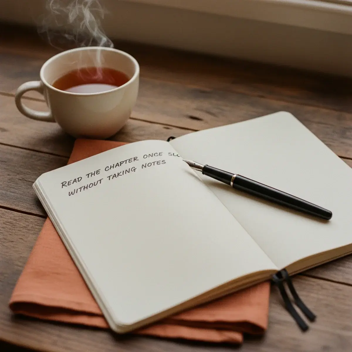 A student's hand writing answers on a blank notebook page from memory with a closed textbook beside her, in soft afternoon light