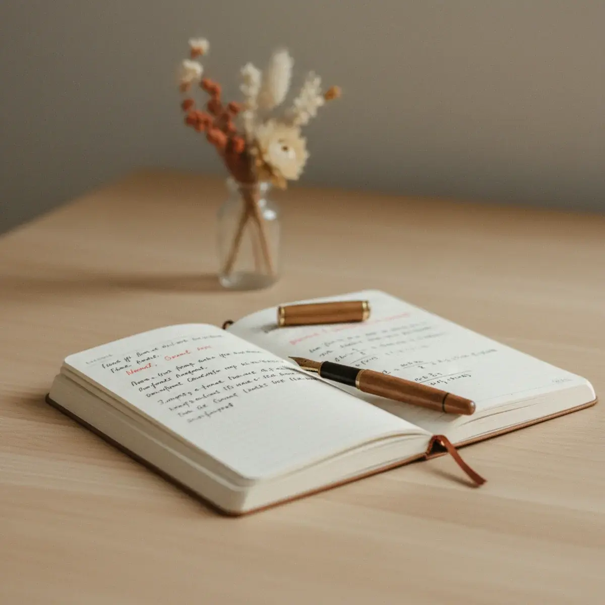 A neat study desk with a closed textbook, an open active-recall notebook with retrieval notes, a fountain pen, a small cup of tea, and a sprig of dried lavender