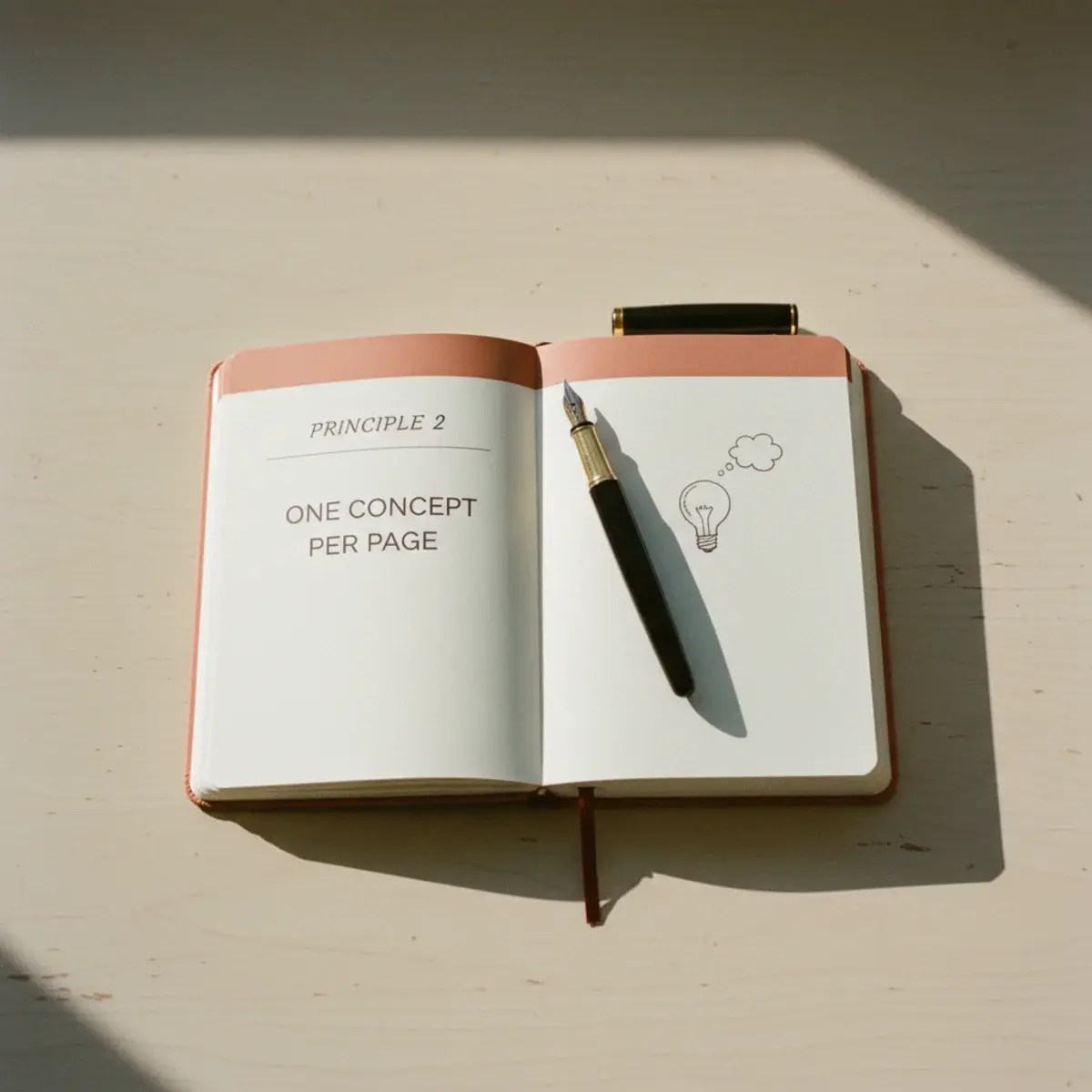 A flat-lay of aesthetic maths supplies: a hardback dotted notebook, four gel pens in black, blue, red, and green, a clear ruler, a mechanical pencil, and a small ceramic dish