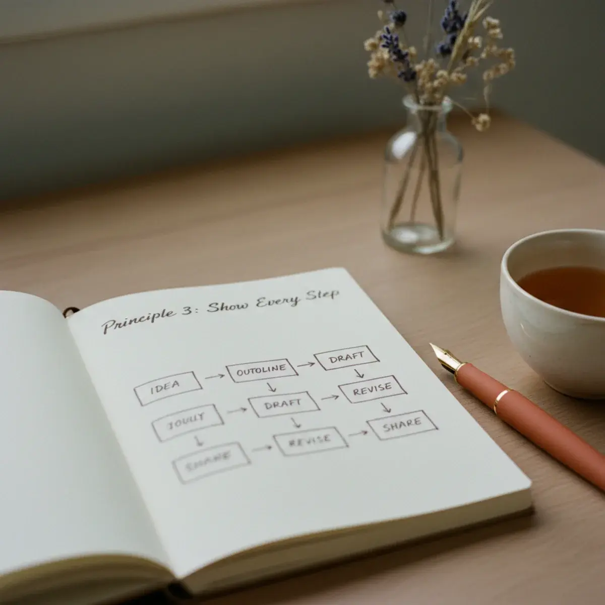 An open maths notebook spread showing a colour-coded proof on the left page and a clean summary card on the right page with key formulas highlighted, in soft afternoon light