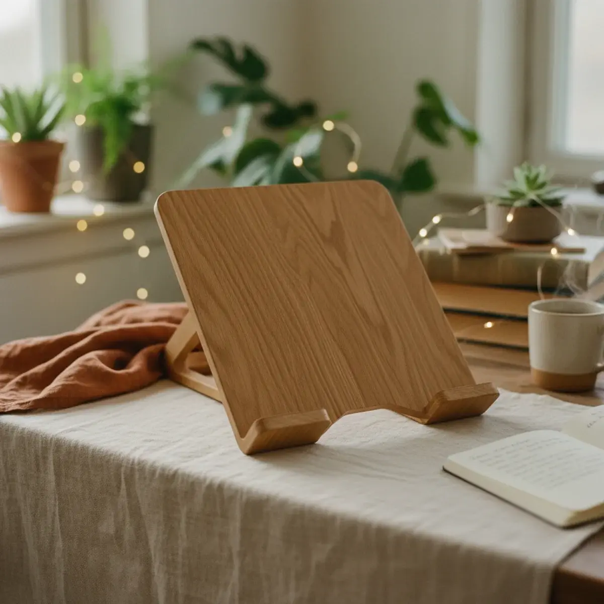 A flat-lay of essential online college Amazon items: a laptop stand, wireless mouse, over-ear headphones, water bottle, and a kitchen timer on a wooden desk