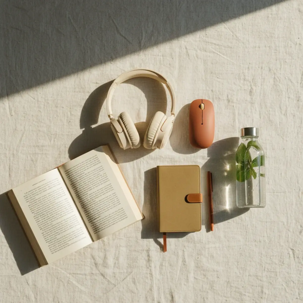 A flat-lay of online college Amazon essentials including noise-cancelling headphones, a laptop stand, a planner, a desk lamp, and a water bottle