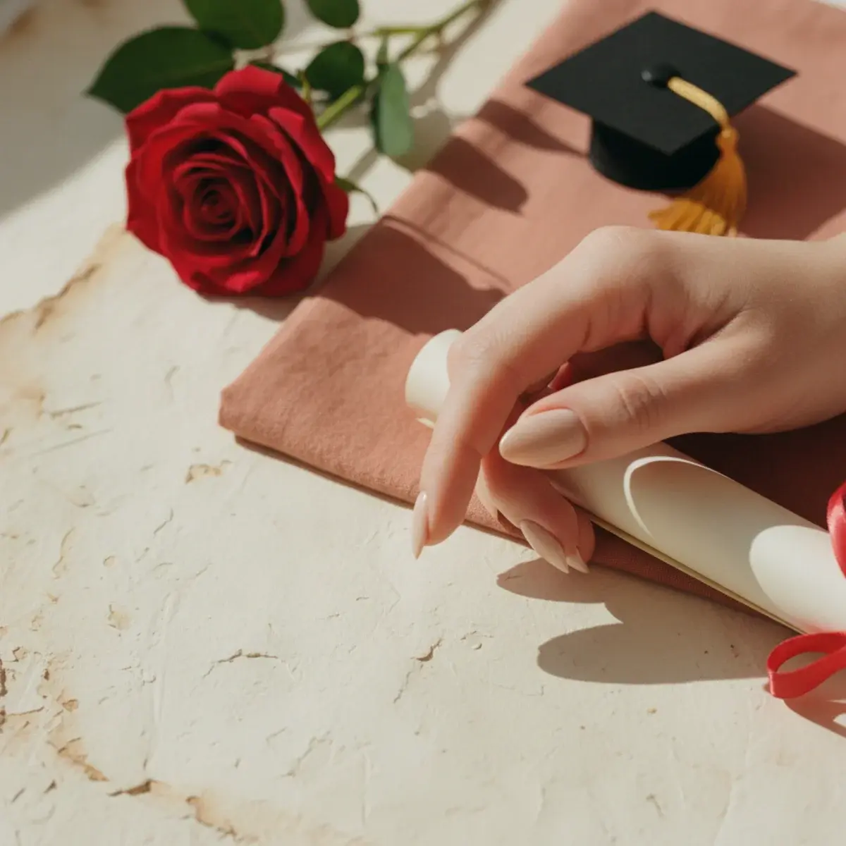 A close-up of elegantly manicured hands with soft milky beige almond nails resting on an open notebook beside a fountain pen and a cup of coffee