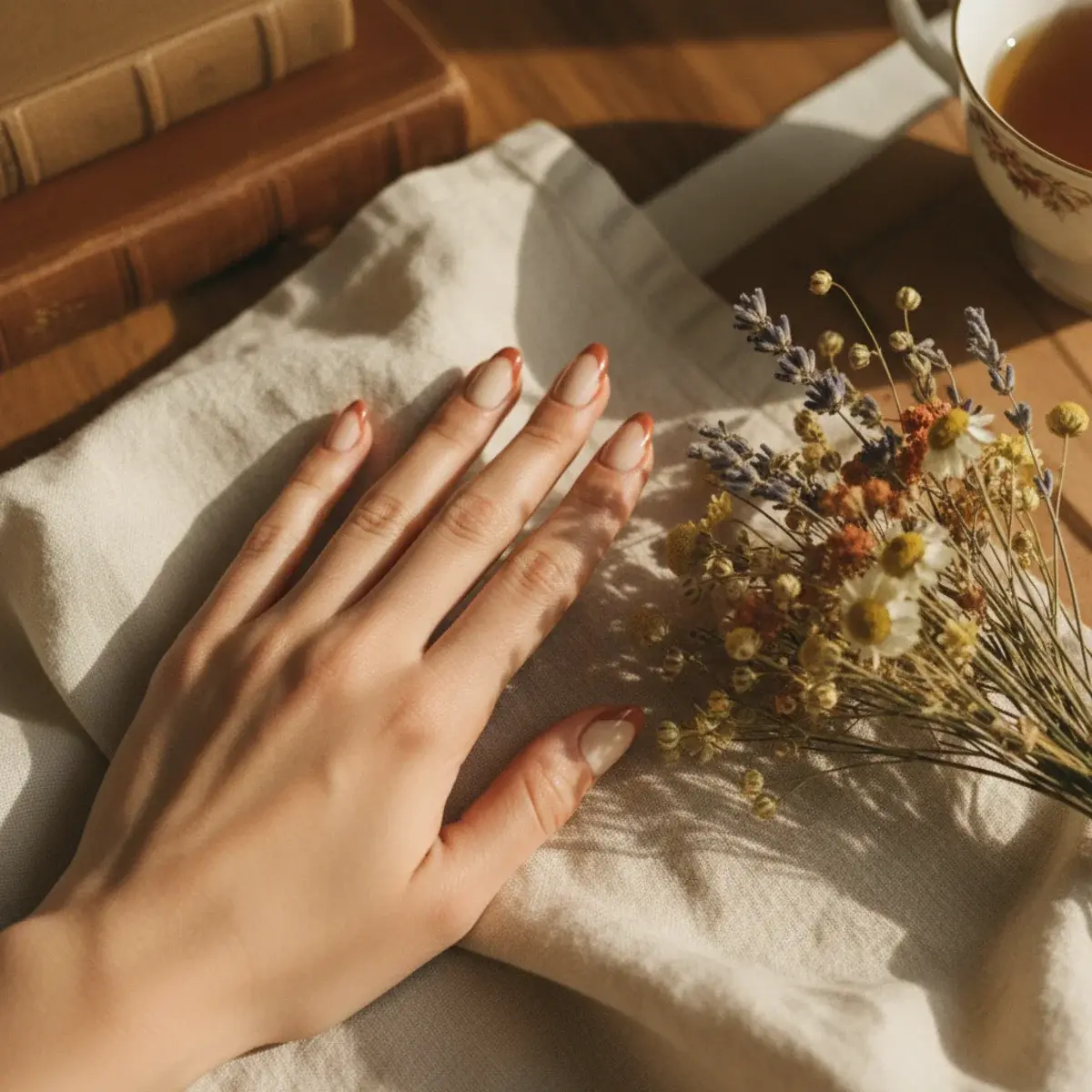 A close-up of elegantly manicured hands with soft beige nail polish resting on an open notebook beside a fountain pen and a cup of coffee