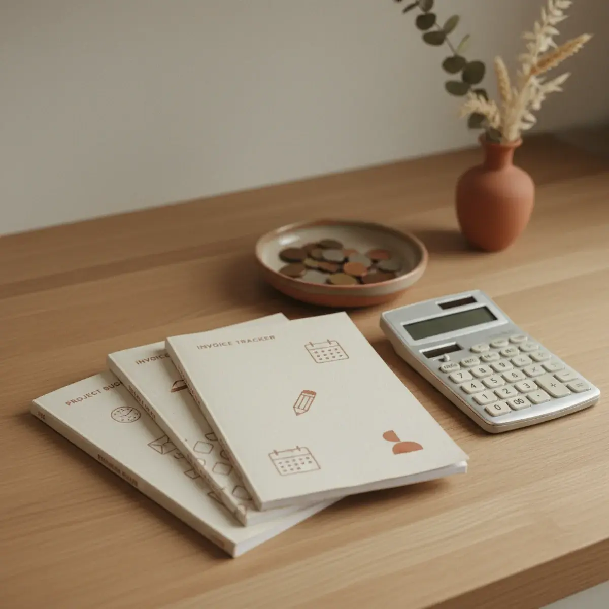 A small notebook of side-hustle ideas open on a desk with a laptop displaying a creative project, a cup of coffee, and a single dried flower in a small vase