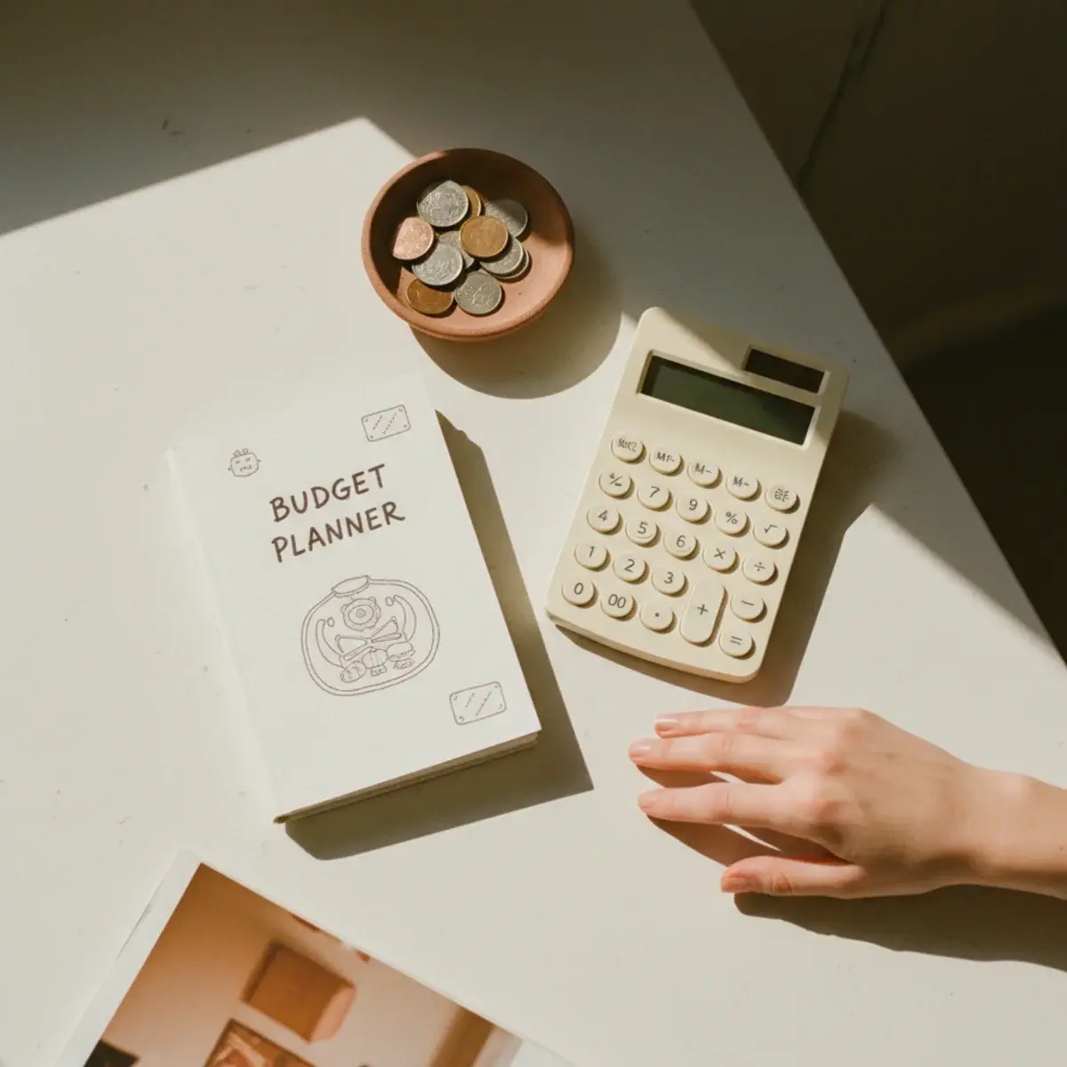 A young woman counting money at a tidy desk with a notebook of monthly earnings, a calculator, and a cup of tea in soft window light