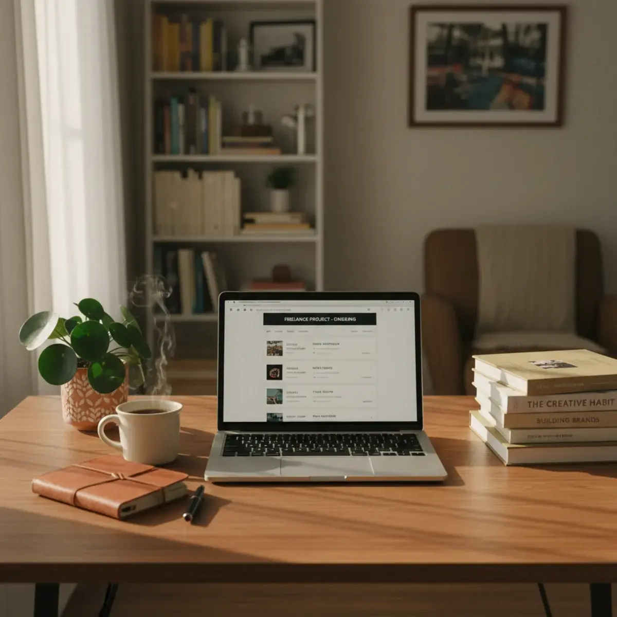A young woman working on a laptop at a small home desk with a notebook of side-hustle ideas, a cup of coffee, and natural side light