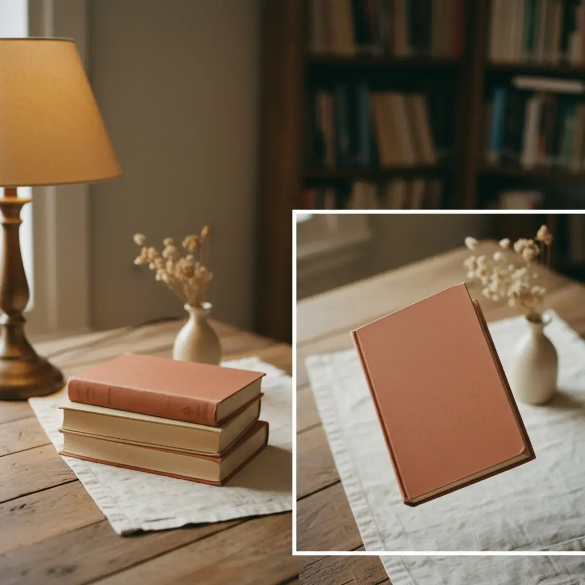 A stack of three weighty hardback books with a single dried flower tucked between the pages on a wooden surface in warm afternoon light