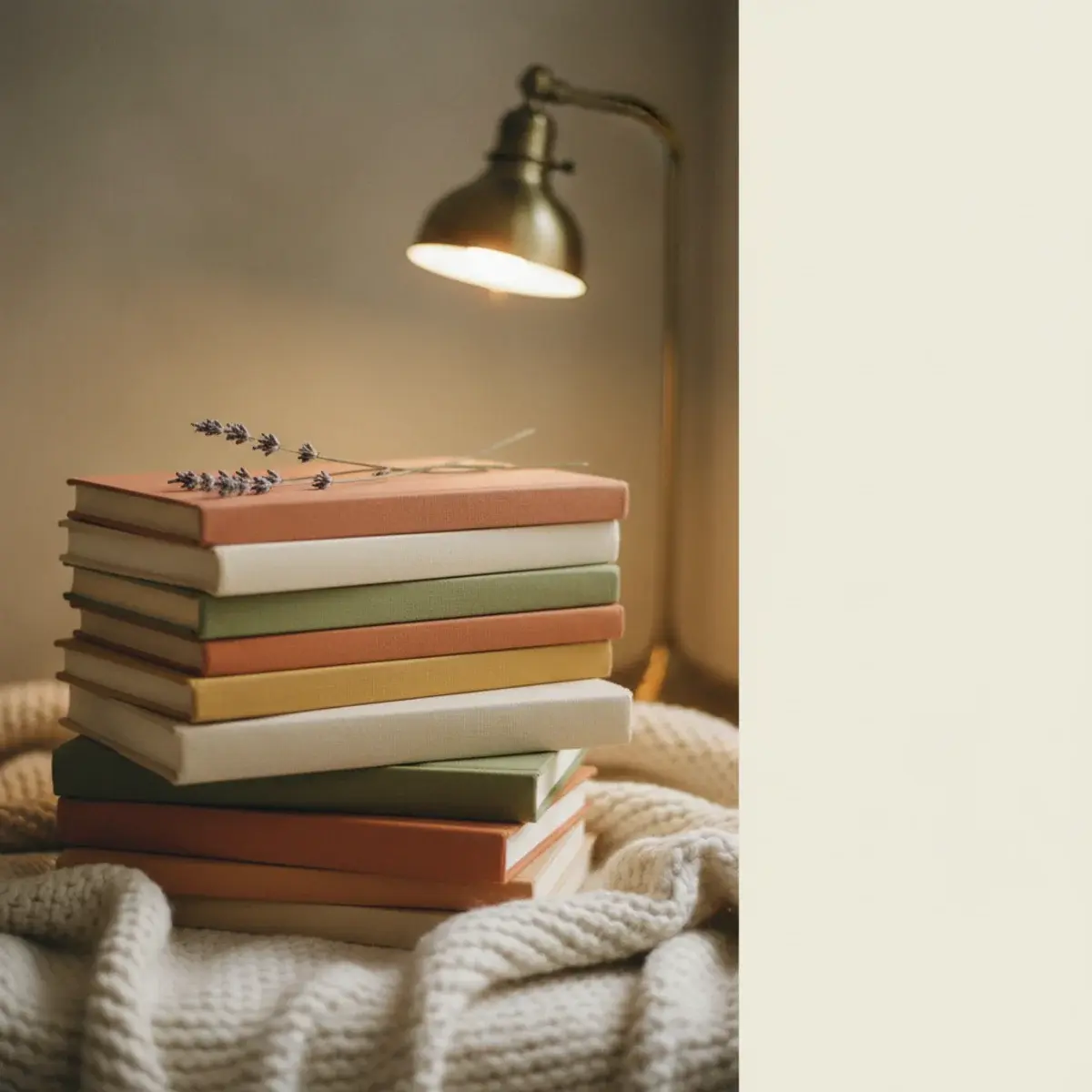 A stack of seven hardback books with dried flowers tucked between the pages on a cream linen background in warm afternoon light