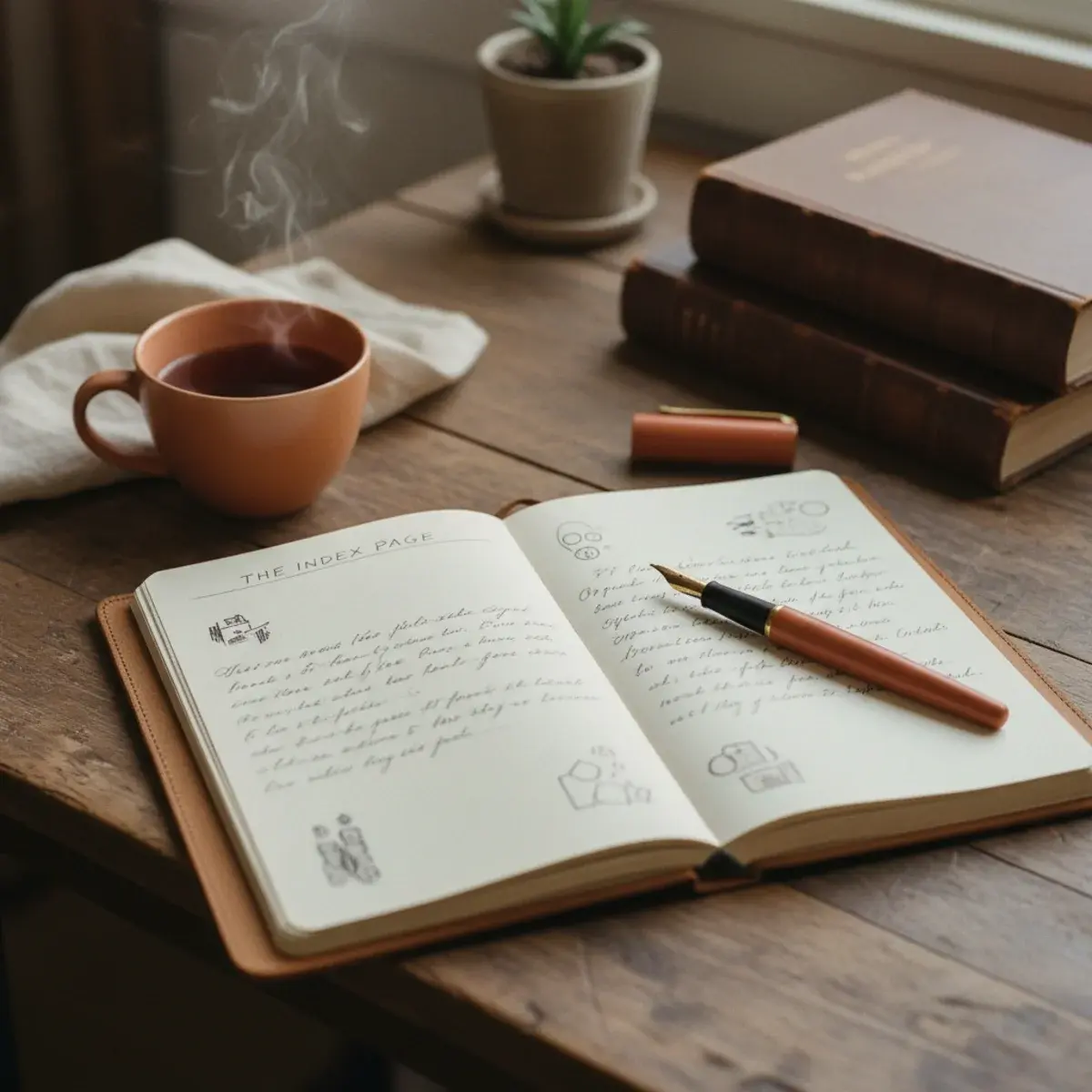 An open bullet journal showing a minimal index page with hand-numbered entries on cream paper, a fountain pen resting on the right page