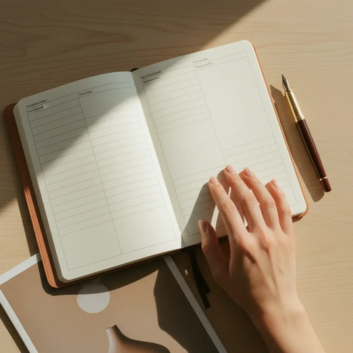 A casual bullet journal spread mid-week with scribbled notes, crossed-out tasks, coffee stains and a closed pen resting on top, on a wooden table