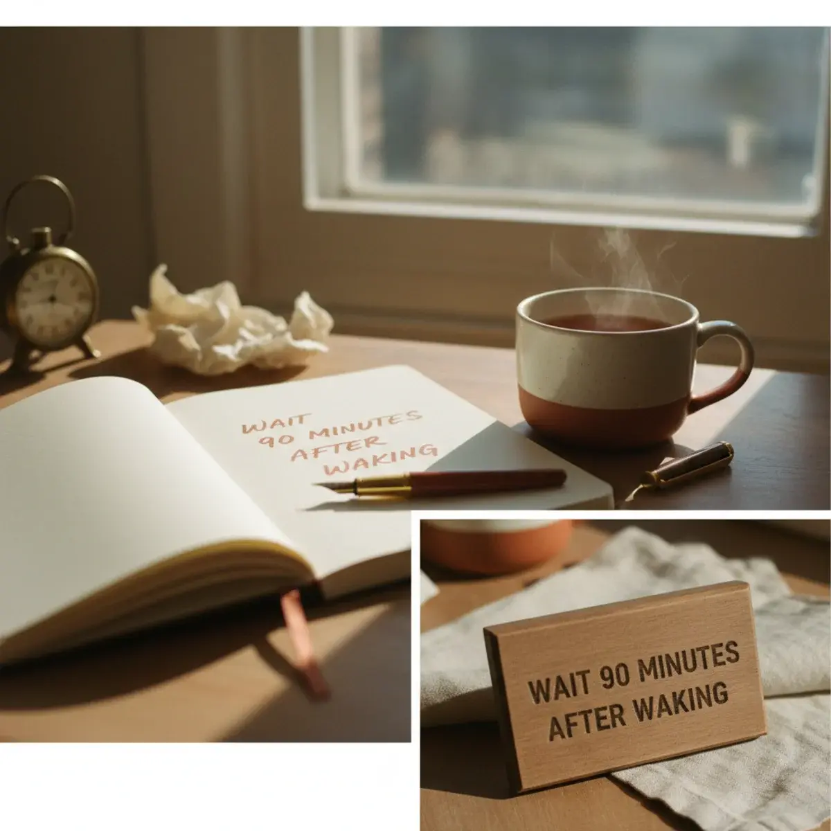 A pour-over coffee setup with a glass carafe filling slowly, beside a notebook, a pen, and a steaming cup on a wooden desk in soft morning light