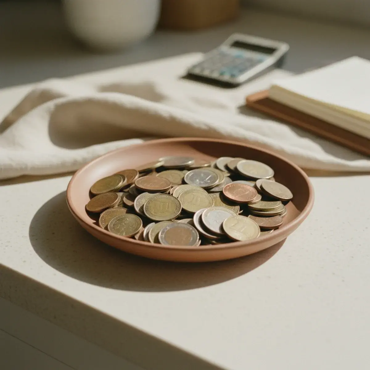 A neat flat-lay of a single credit card on a budget planner with a calculator, a fountain pen, and a cup of coffee on a wooden desk in warm afternoon light