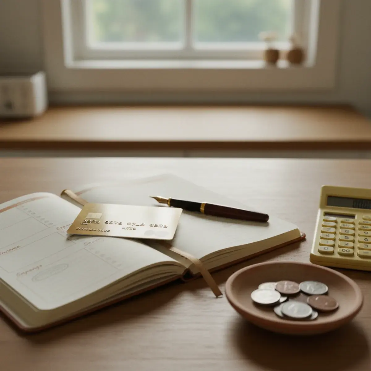 A neat flat-lay of a single credit card beside a budget planner, a small calculator, a cup of coffee, and a fountain pen on a wooden desk