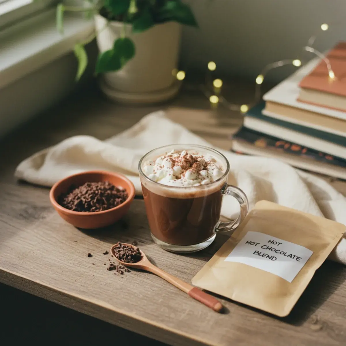 A cosy autumn reading nook with a wool throw, a steaming cup of tea, an open hardback novel, and a candle on a small wooden side table beside a rainy window
