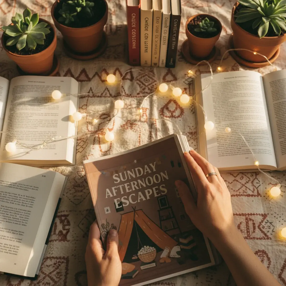 A flat-lay of autumn rituals: a stack of paperback books, a knit cardigan, a candle, a journal with autumn vision-board collage in progress, and a cup of tea on a wooden table