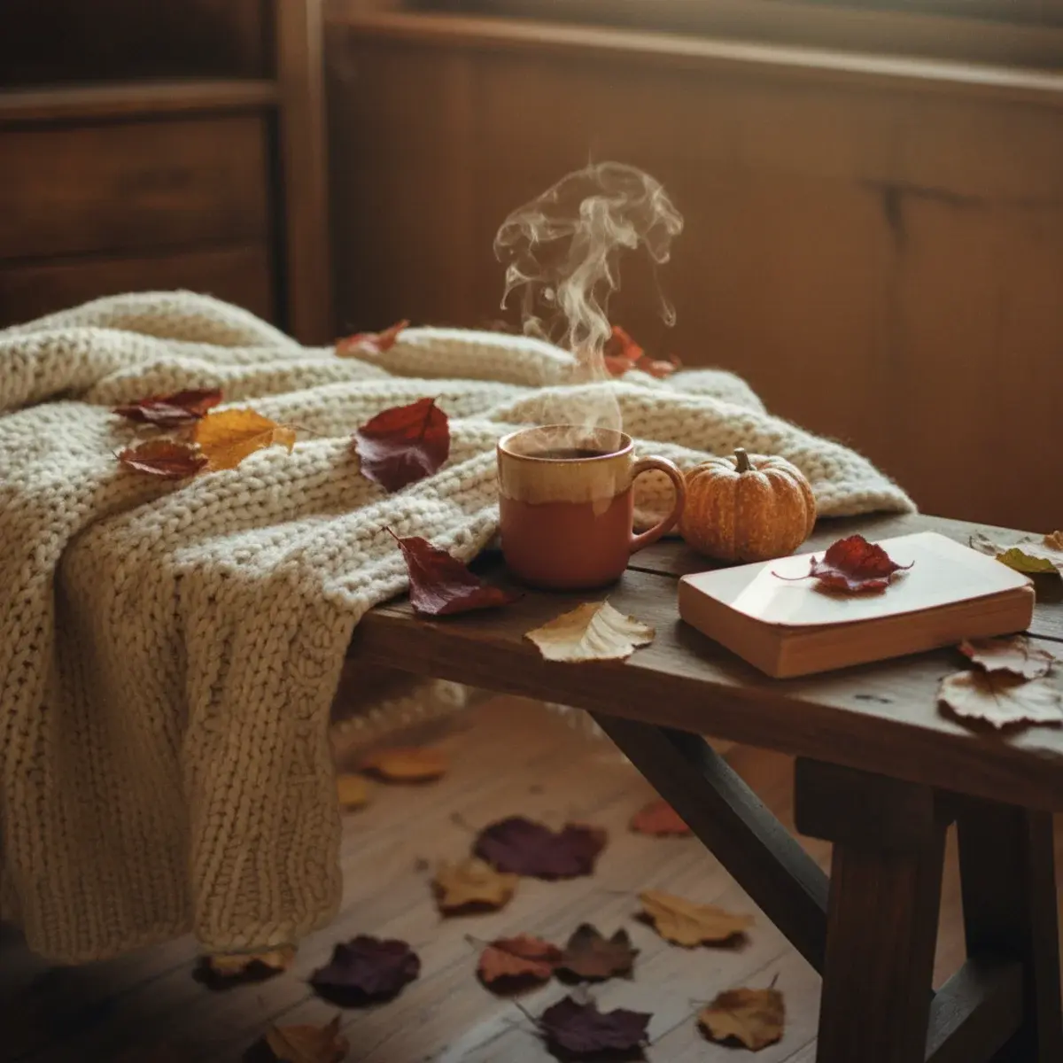 A college student in a chunky knit cardigan holding a pumpkin spice latte at a fall farmers market with golden autumn leaves in the background