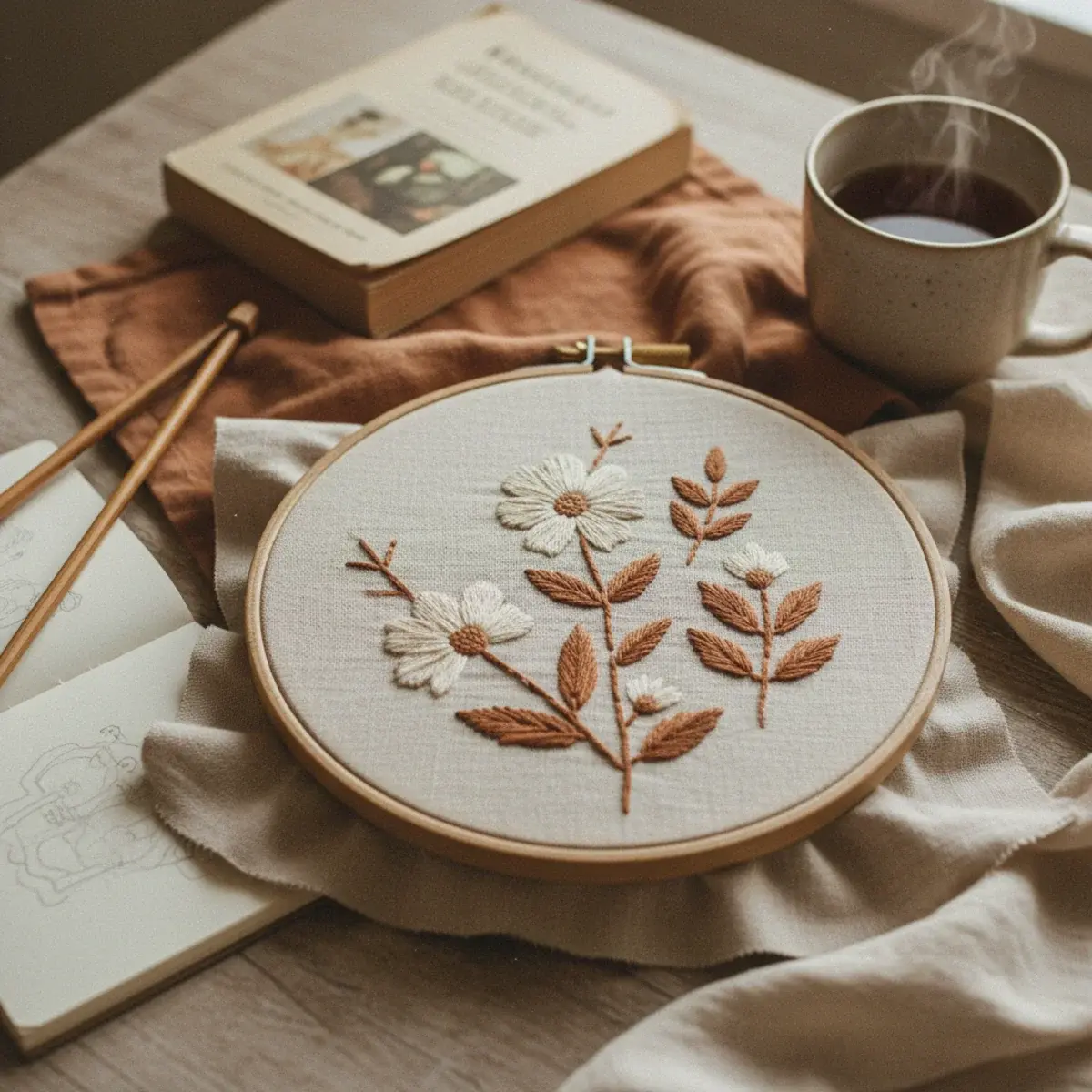 A woman's hands embroidering a small botanical motif on a wooden hoop with natural linen, beside a small ceramic dish of coloured floss and a cup of tea