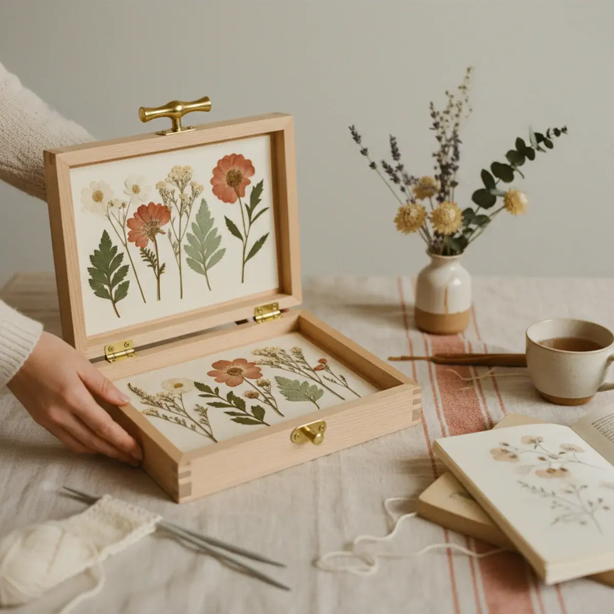 A woman in a cream linen dress arranging fresh flowers in a small terracotta vase at a sunlit kitchen counter with herbs and dried lavender nearby