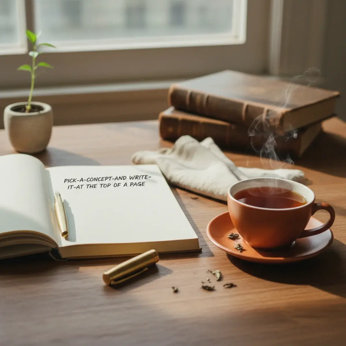 A blank notebook page with a single concept written at the top and a developing handwritten plain-language explanation, beside a textbook and a cup of tea