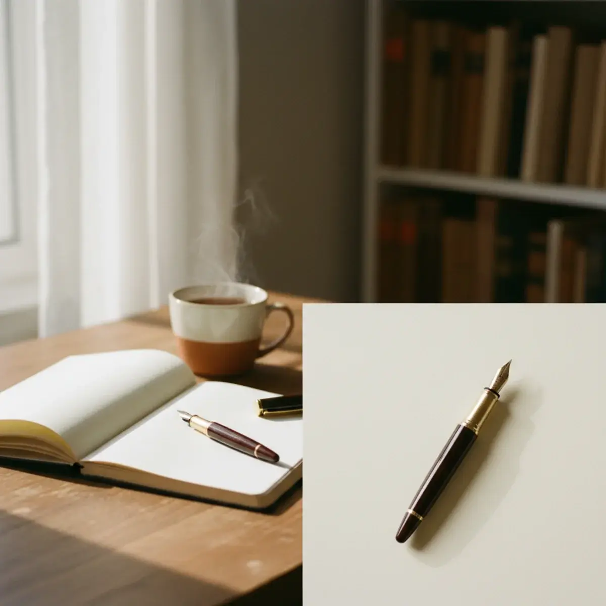 A whiteboard with a simplified hand-drawn diagram of a concept and key terms, with a student standing in front explaining it to no one, in soft afternoon light