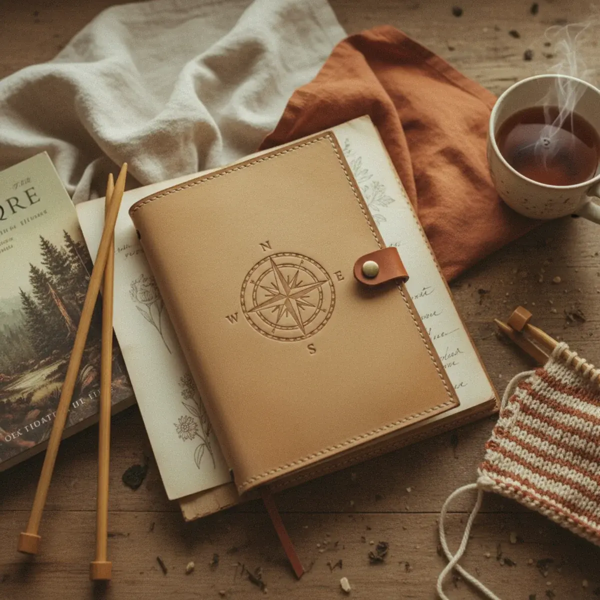An open library book on a wooden bench in a sunlit park with a thermos of tea beside it and autumn leaves scattered around