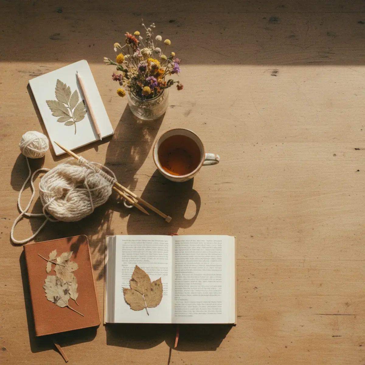 A flat-lay of inexpensive hobby supplies including knitting needles, a sketchbook, a paperback novel, and a thermos of tea on a linen background
