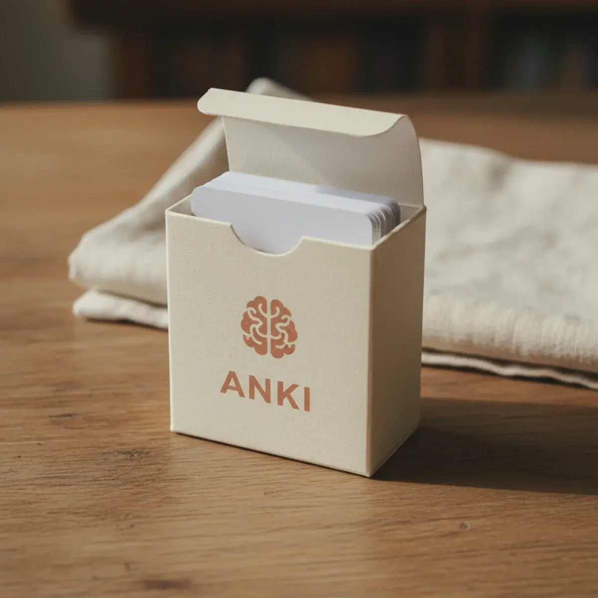 A laptop screen showing an Anki flashcard review session beside a notebook with handwritten study questions and a cup of black coffee on a wooden desk