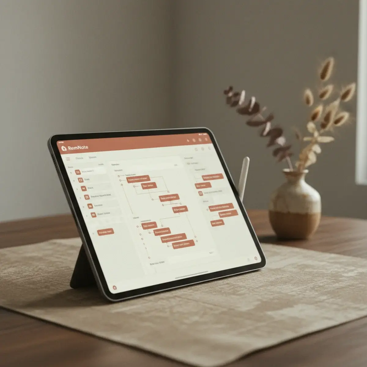 A laptop screen showing a clean dashboard of study tools — Notion notes, Desmos graphs, Khan Academy videos — beside a cup of coffee and a fountain pen