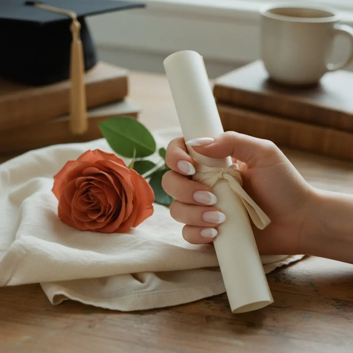 Close-up of elegant manicured hands with soft pearlescent milky pink nails resting against a folded black graduation gown
