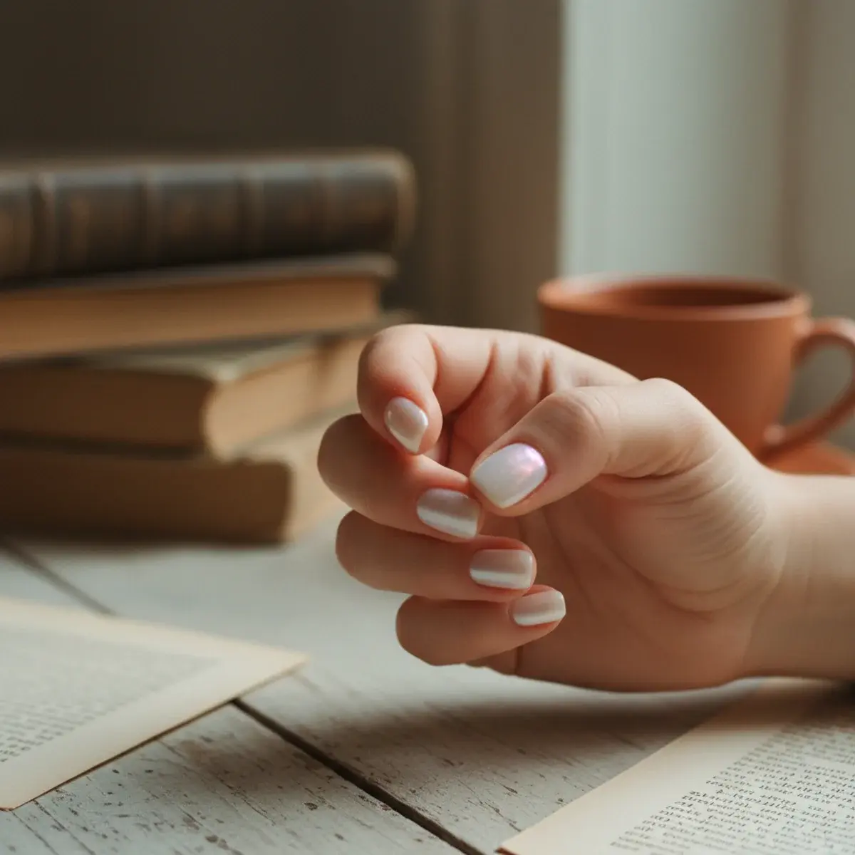 A close-up of manicured hands with soft pink almond nails featuring delicate gold and pearl detail on one ring finger, holding a rolled diploma tied with ribbon