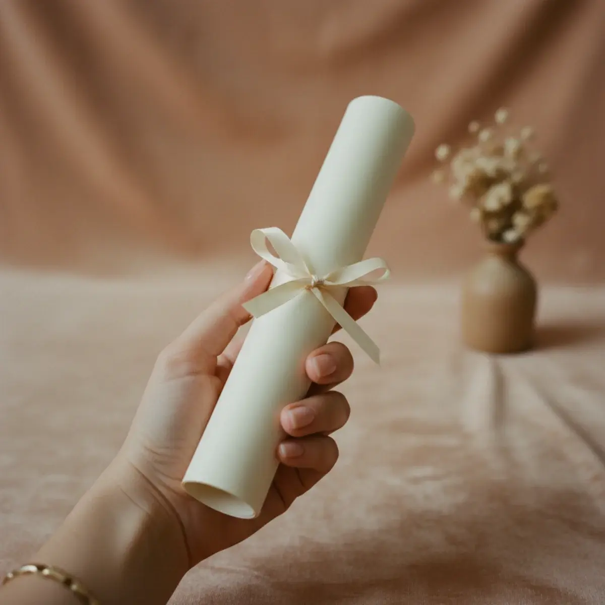 A flat-lay of various nail polish bottles in soft cream, pink, sage, and gold tones arranged on a linen napkin beside an open notebook with handwritten nail design sketches