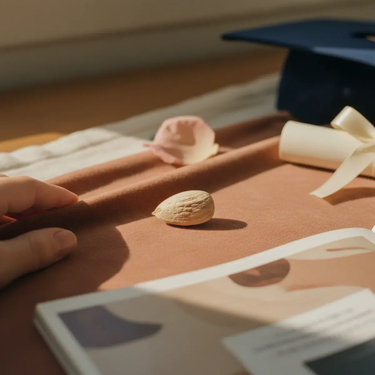 A graduation cap held by perfectly manicured hands with soft pink nails resting on a graduation gown, with a small bouquet of cream roses in the foreground