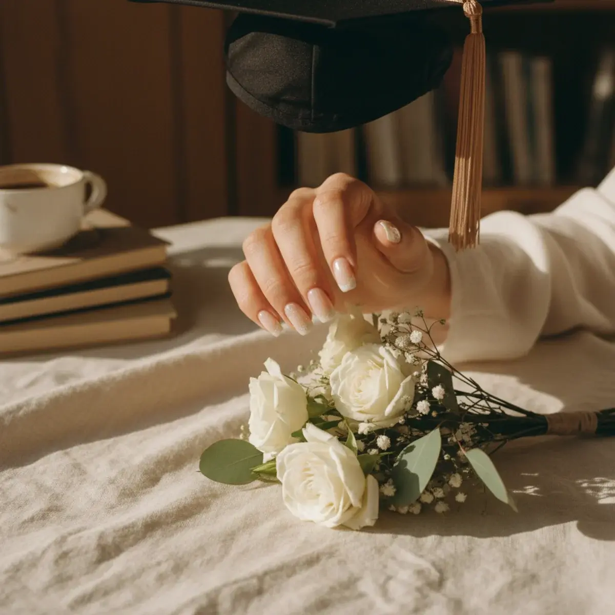 A close-up of elegant manicured hands with soft pink nail polish resting on a folded black graduation gown with a single rose nearby