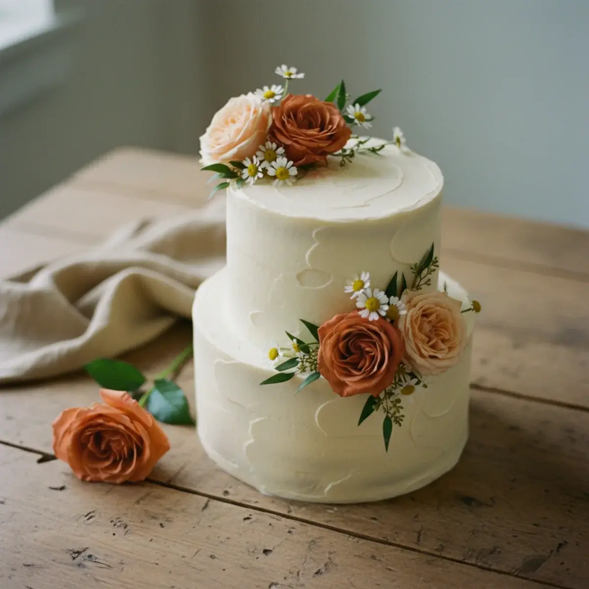 A two-tier ivory buttercream graduation cake topped with three white roses and a small sprig of eucalyptus on a marble cake stand surrounded by small dessert plates