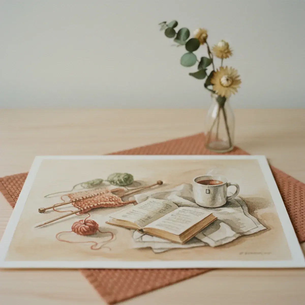 Flat-lay of an opened watercolor sketchbook with botanical paintings, a glass of water tinted blue, brushes resting on a linen napkin