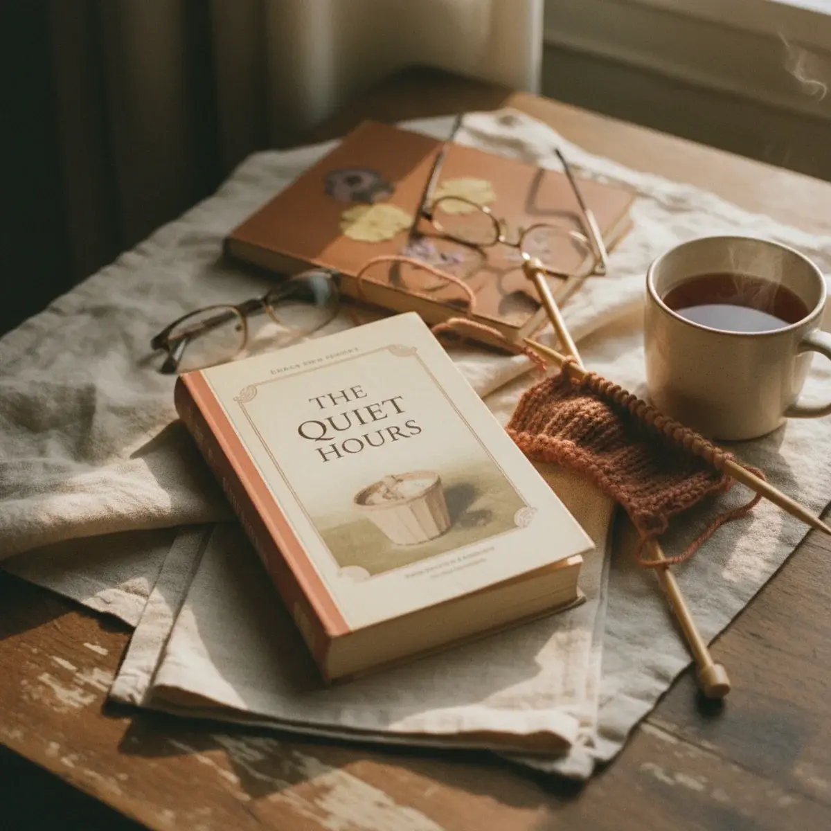 A woman in her thirties in a cream knit cardigan reading a hardback book in a sunlit garden room with a cup of coffee on a small wooden side table