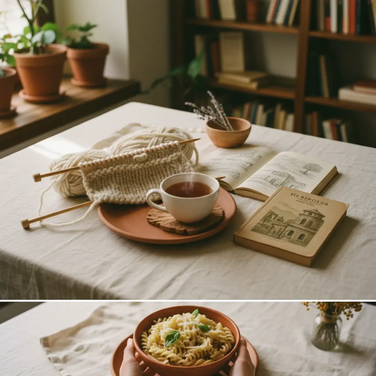 A long candlelit dinner table set for six friends with simple linen napkins, mismatched vintage plates, and a single bouquet of garden flowers in the centre