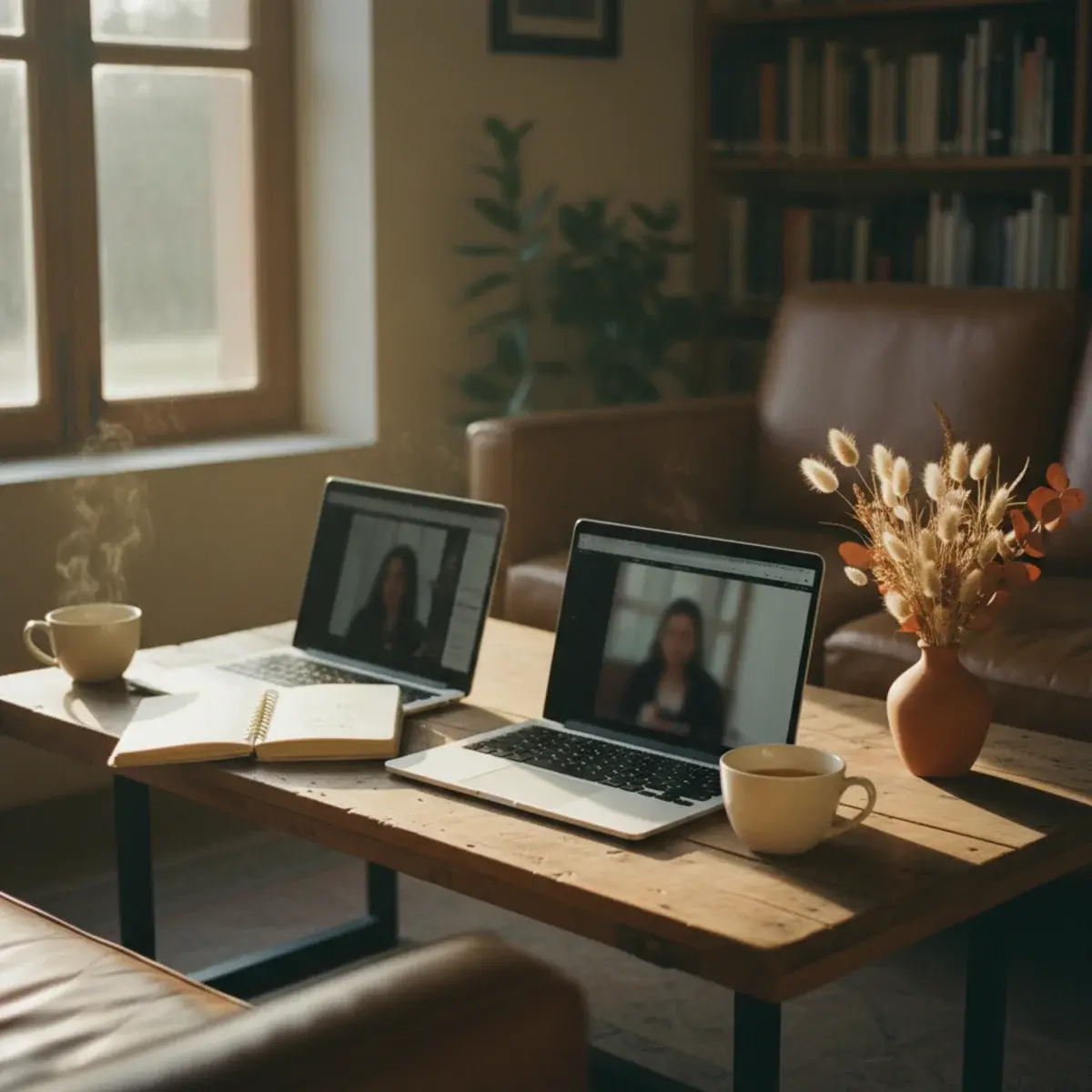 Two young women laughing together at a cosy café table over open laptops and coffee cups with golden afternoon window light