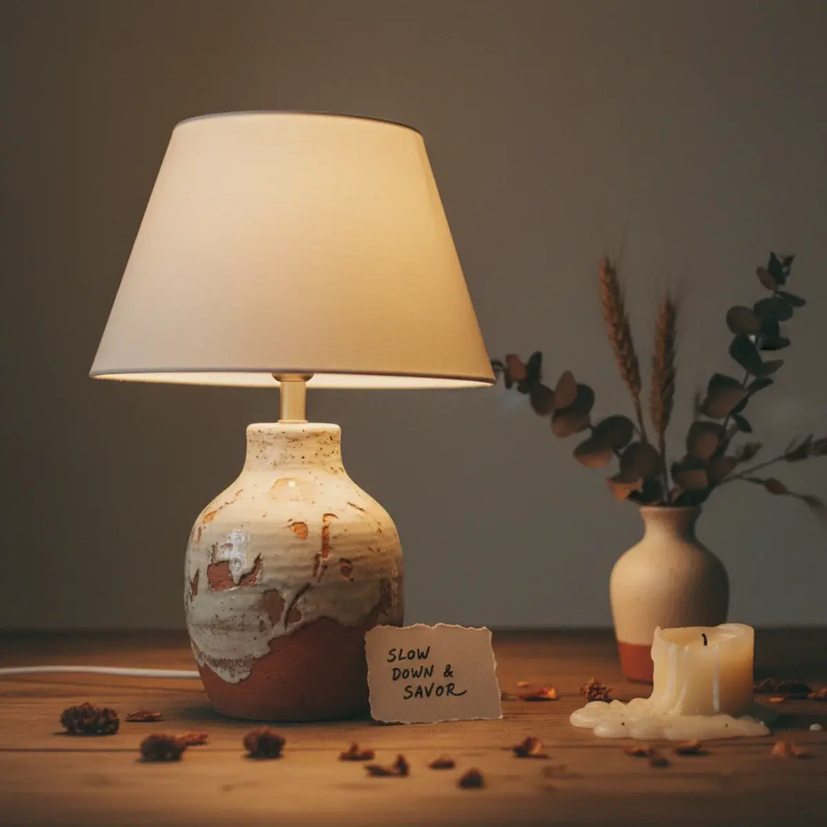A wooden library carrel with a stack of leather-bound books, an open hardback notebook with handwritten notes, a green banker's lamp, and warm late afternoon light through tall windows