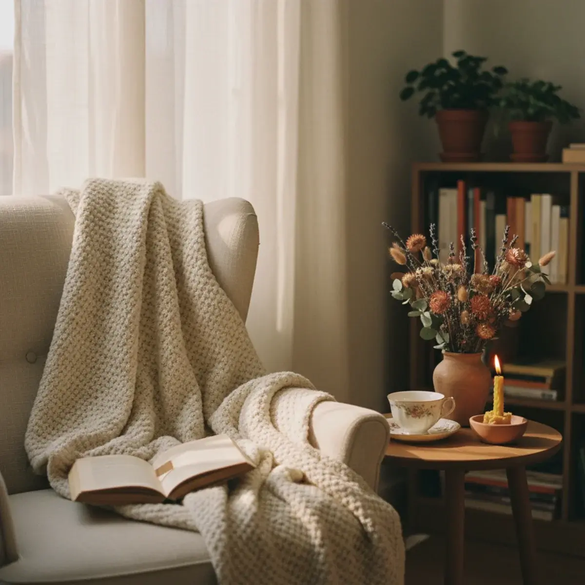 A romantic study setup with an open hardback book, a porcelain teacup, a single white rose, and golden afternoon light spilling across the page