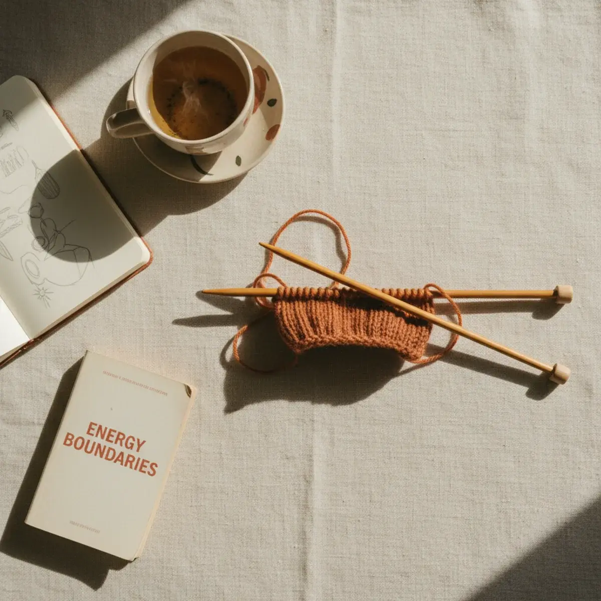 A peaceful flat-lay of a journal page with handwritten reflections on boundaries, a cup of tea, a candle, and a single sprig of dried lavender