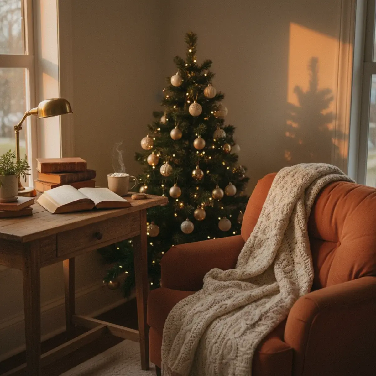 A young woman studying at a cosy desk by a Christmas tree with twinkling lights, an open textbook, and a cup of hot chocolate