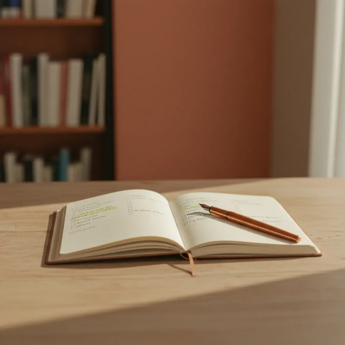 A focused student at a tidy desk with a single open textbook, a notebook, a closed laptop, and a Pomodoro timer in the foreground, with bright morning window light