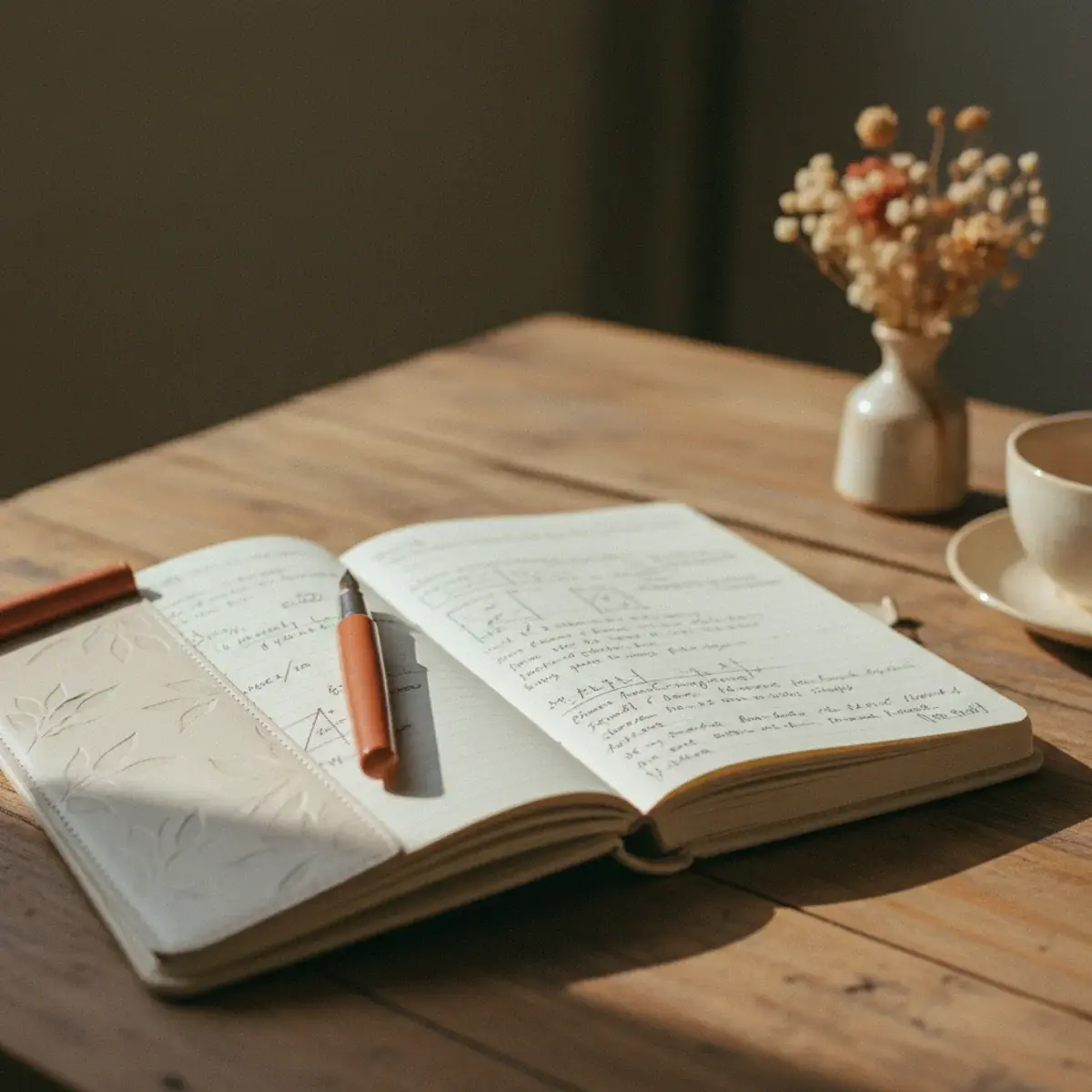 A handwritten weekly study tracker page in a notebook with three columns labelled 'studied', 'retained', and 'what helped most', beside a cup of tea and a fountain pen