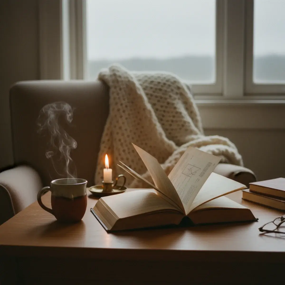 A young woman with her head resting on an open textbook beside a steaming mug of tea in soft afternoon light