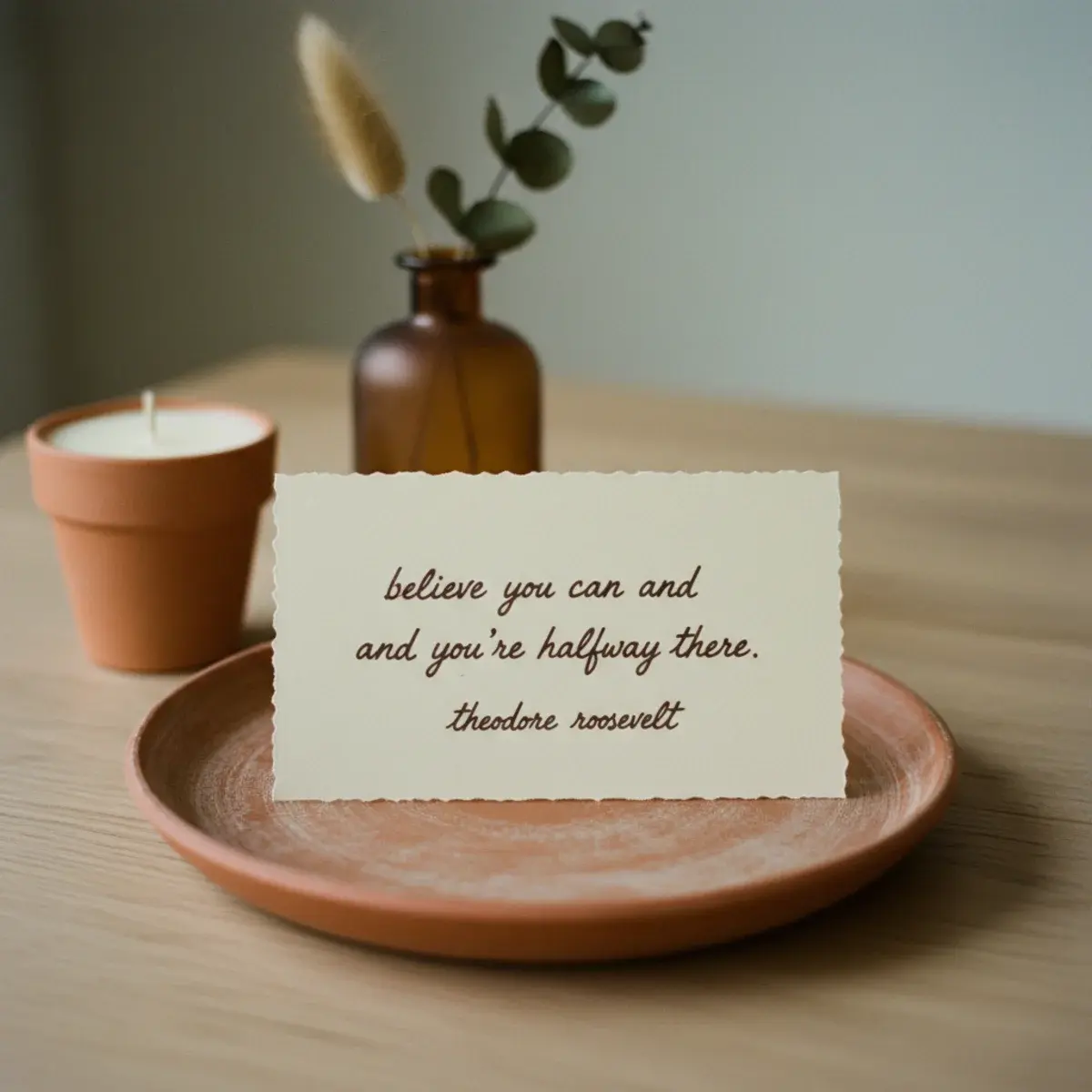 An open notebook with a handwritten motivational sentence and a felt-tipped pen on a wooden table with morning light