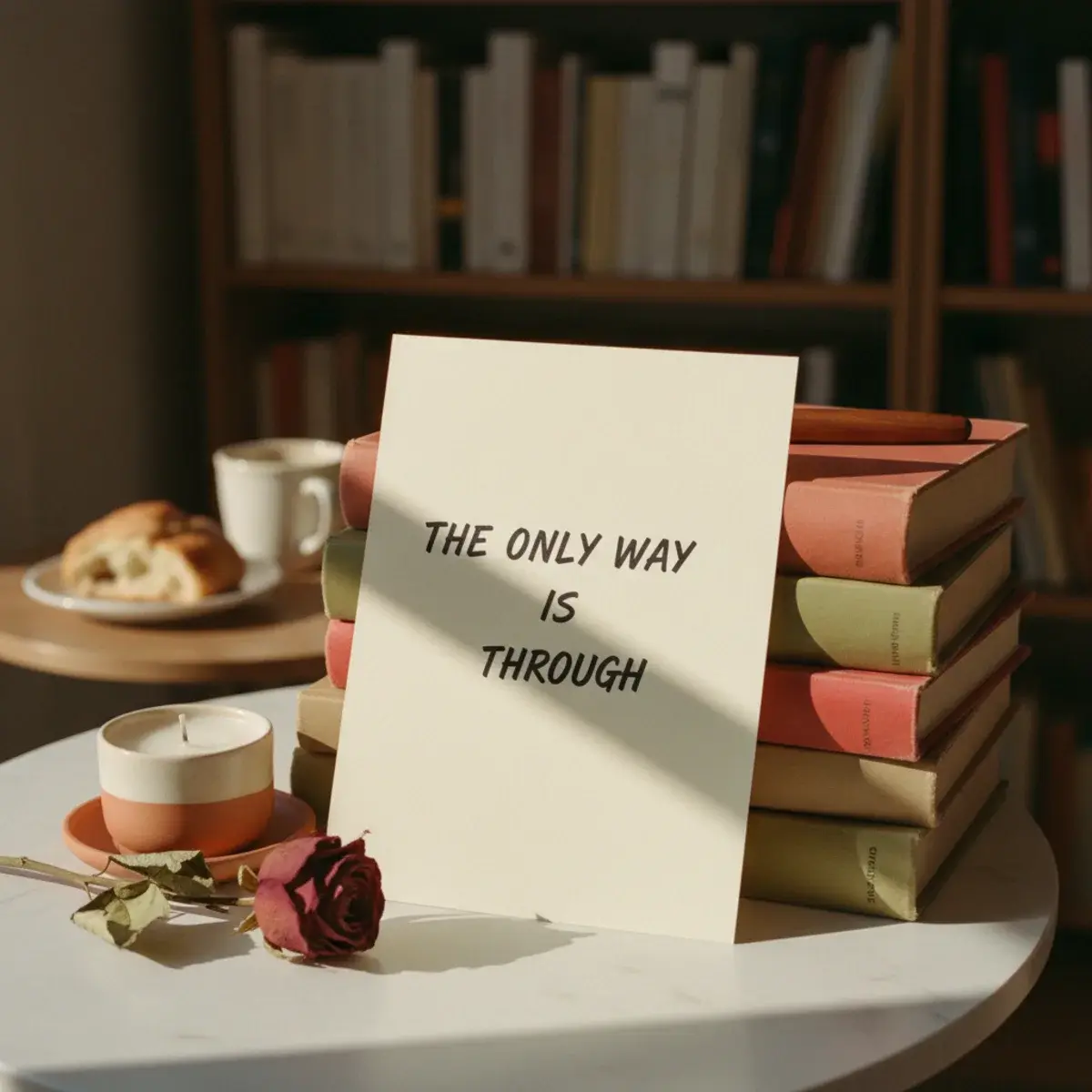 A hand-lettered inspirational quote card propped against a stack of textbooks on a wooden desk with a cup of coffee and dried flowers
