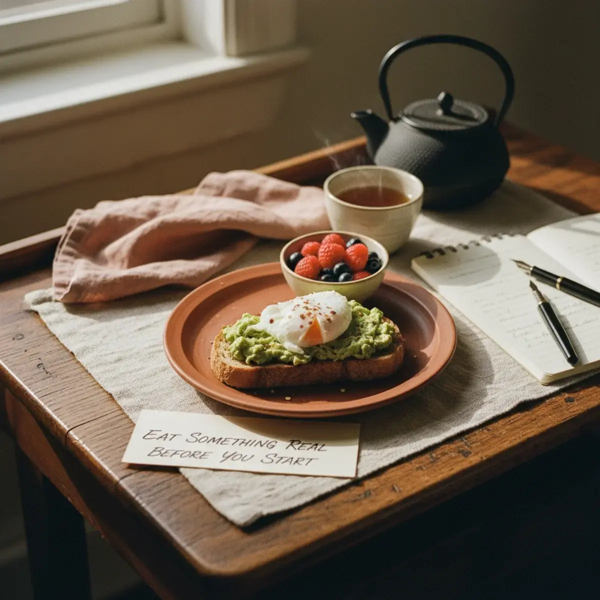 A cosy late-night study scene with a warm-toned desk lamp glow, an open laptop, a steaming cup of herbal tea, an open notebook, and a wool blanket draped over a chair