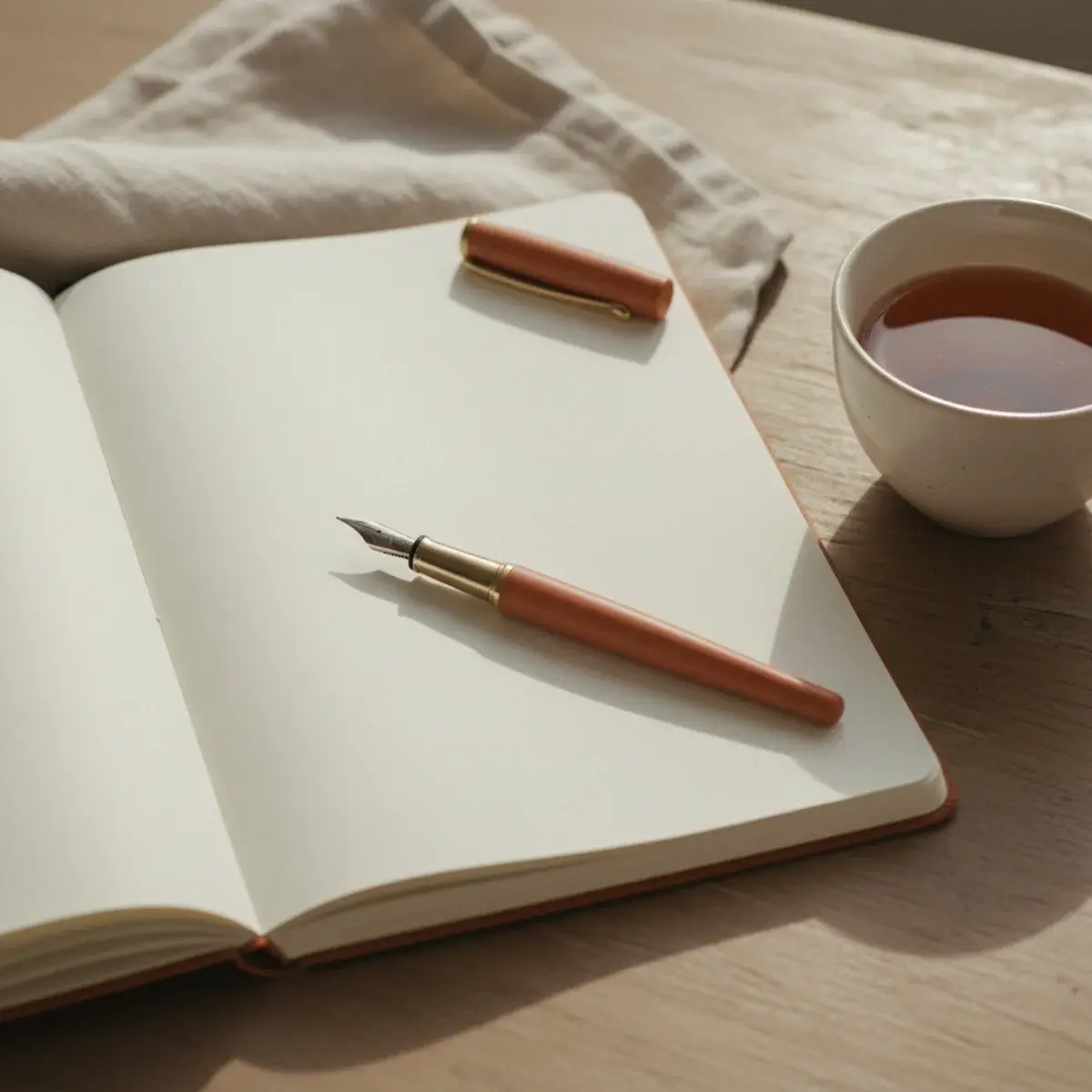 A flat-lay of a library study bag spilling out its contents: a hardback notebook, two pens, a highlighter, a reusable water bottle, headphones, and a thermos on a wooden surface